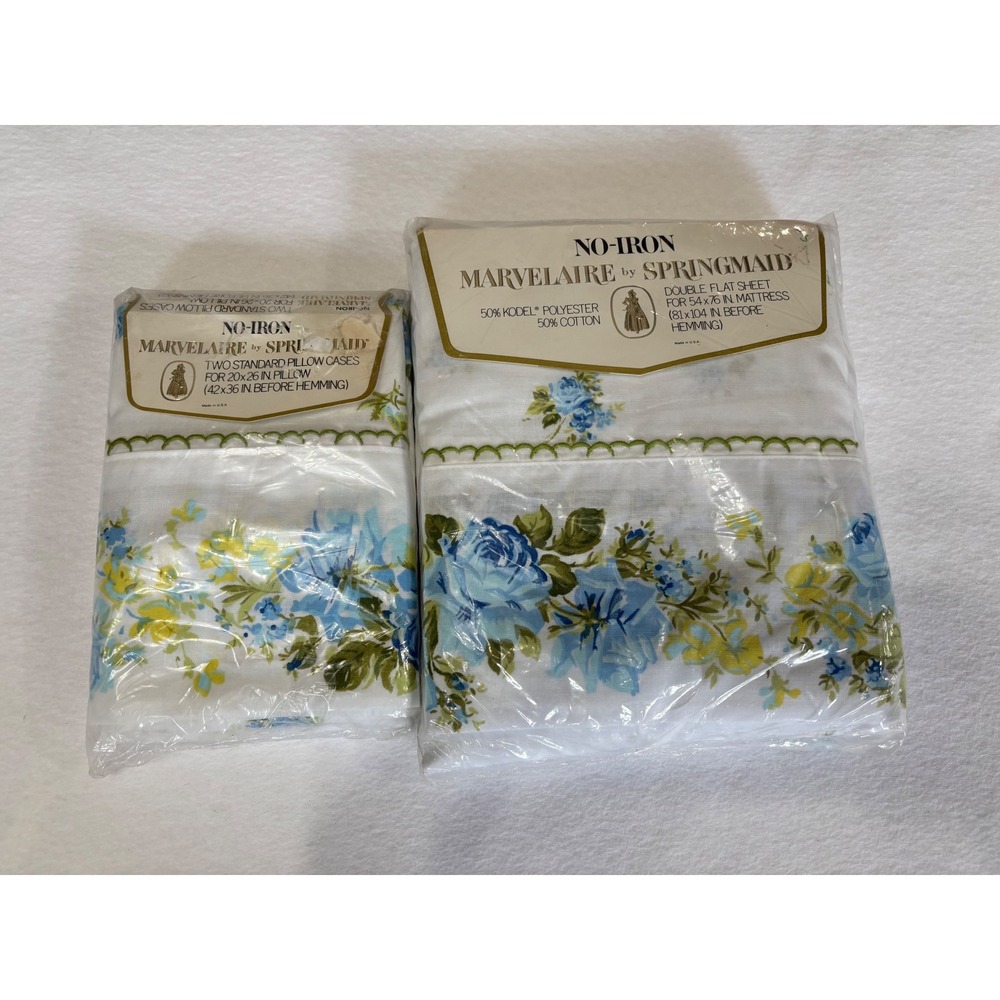 Vintage Springmaid Marvelaire Double Flat Sheet 2 Pillowcases Blue Yellow Rose